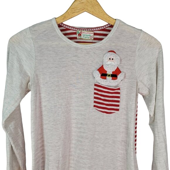 Poof! Girl Christmas Top Cream Size XL Roll Tab Sleeves Stripes 3D Pocket Santa - Picture 2 of 6